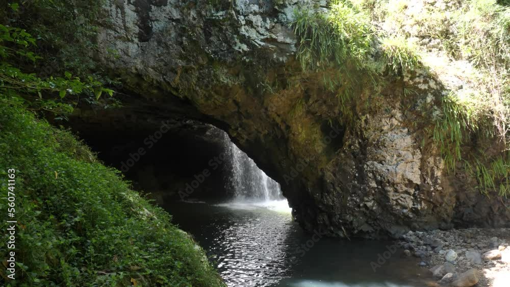 Unique view of a secret swimming hole with a cascading waterfall set in a moss covered rainforest. Unique view of a secret swimming hole with a cascading waterfall set in a moss covered rainforest.