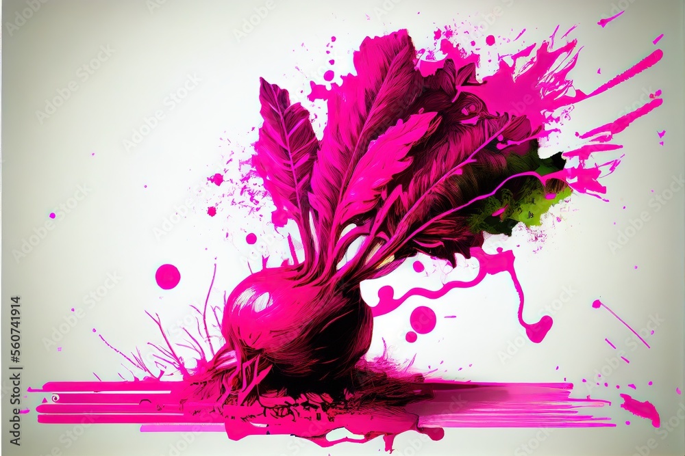 Pink bright beetroot drawn watercolor painting on white background. Graffiti style background. Generative AI