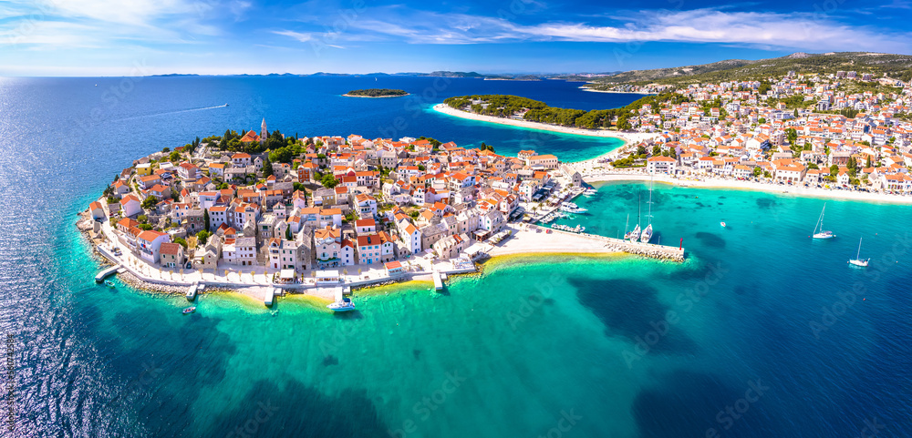 Scenic town and beaches of Primosten aerial panoramic view