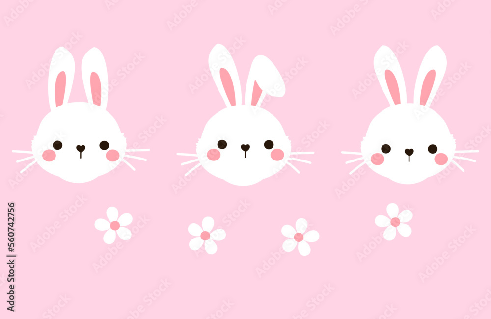 Bunny rabbit cartoons with different ears and cute flower on pink background vector illustration. Bunny rabbit cartoons with different ears and cute flower on pink background vector illustration.