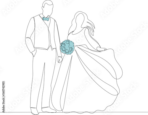 bride and groom continuous line drawing, vector