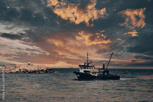 View of a fishing boat returning from the sea to land at sunset and a view of the small harbor, lighthouse and gorgeous crimson sky. 
