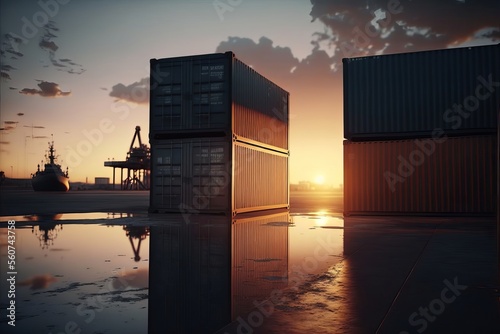 Canvastavla Sunset on containers ready to ship in a seaport