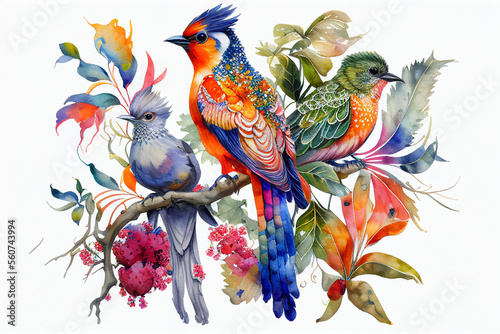 Watercolor birds of paradise floral composition isolated on white background. Generative AI. © KidSpace