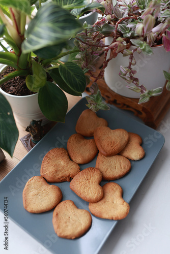 cookies hearts and indoor flowers on the background of the window