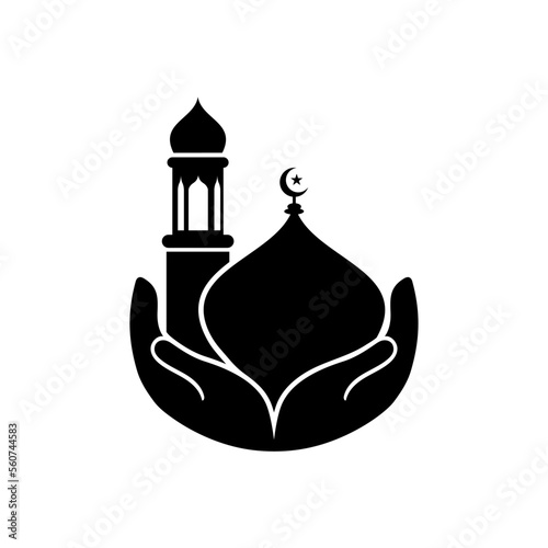 Two Hand holding mosque dome with minar icon vector. Islamic Festival related icon.