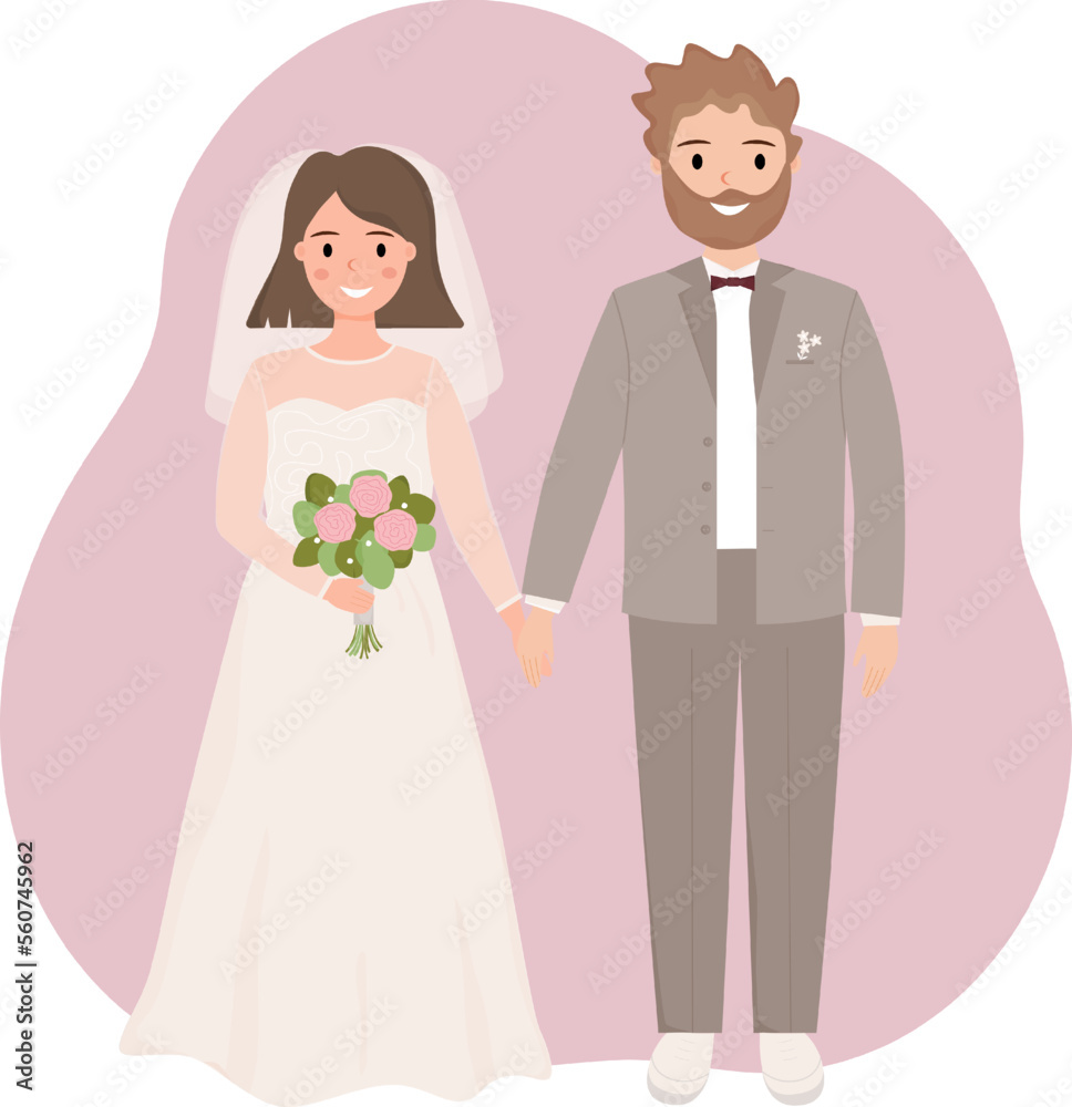 Bride and groom holding hands. Just married. Wedding day. Happy loving couple. Vector illistration. Bride and groom holding hands. Just married. Wedding day. Happy loving couple. Vector illistration.