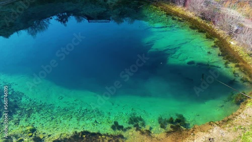 Aerial drone view of Cetina River freshwater Spring in Croatia. The Eye Of The Earth. Beautiful vivid colors of water. 