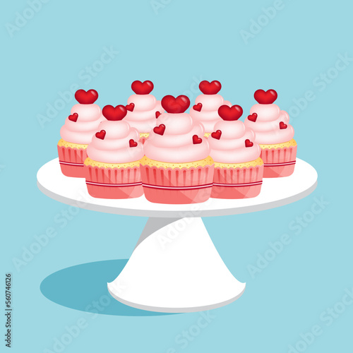 Many flavor cupcakes with berries and red hearts on a white platter, vector Illustration