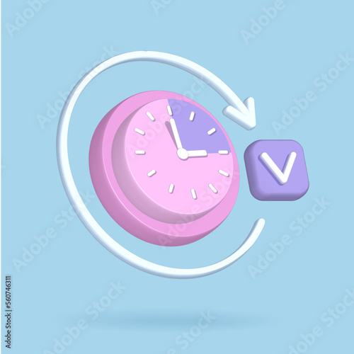 3d round clock icon for time deadline concept. 3d render time watch minimal for manage concept of time, service and support. Check mark and round arrow elements. Vector rendering illustration. 15 min