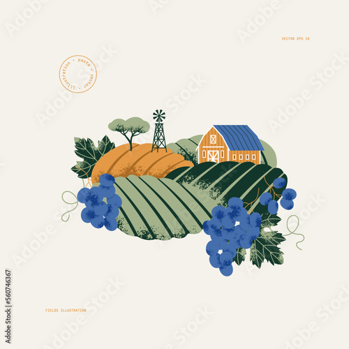 Rural landscape with a windmill and farm house. Vineyard fields. Retro style textured illustration. Vector illustration