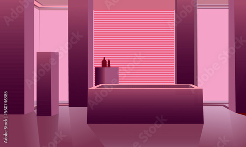 vector illustration depicting a bathroom interior in trendy shades for decorating interiors and scenes, as well as for printing on booklets, postcards, covers in viva magenta style
