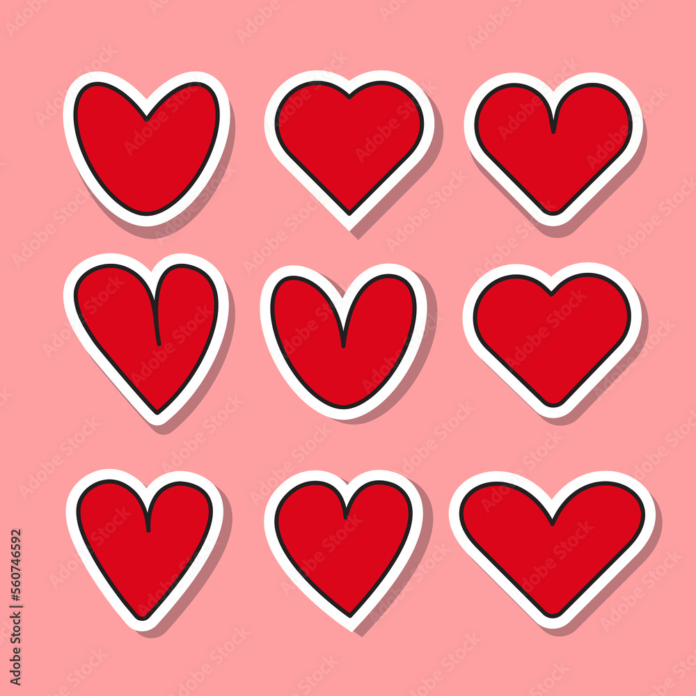 Set of red hearts stickers. Different romantic vector heart icons for stickers, labels, and valentines day