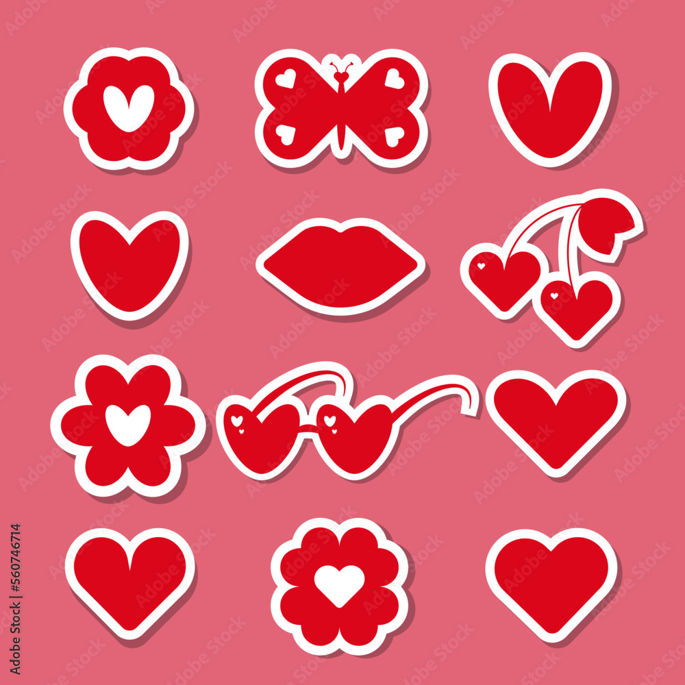 Set of vector love icon stickers. Sticker in the form of lips, hearts, flowers, vector Illustration of romantic stickers