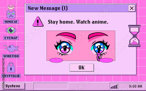 Screenshot concept with open tabs and a video player that shows anime. Vector illustration in collage vaporwave style.