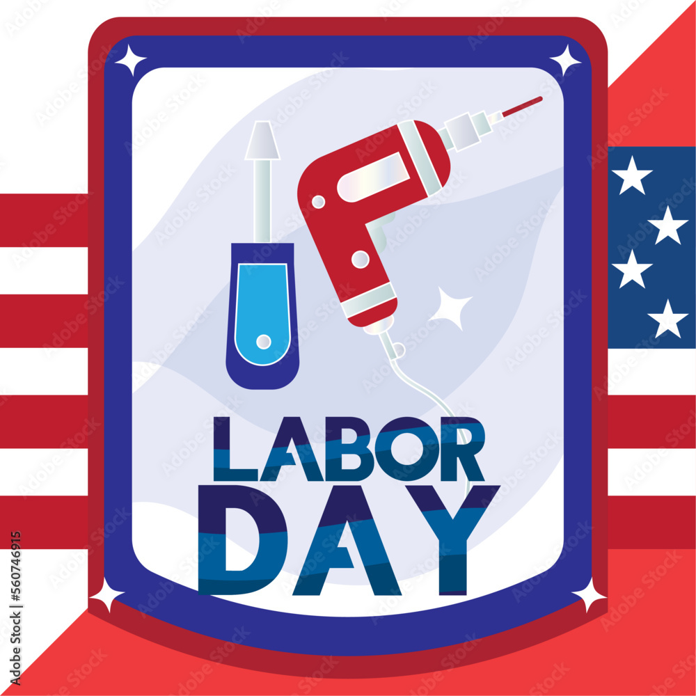 Naklejka premium Colored labor day poster with shield label and construction tools Vector