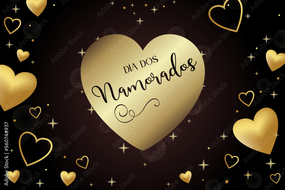 cartão ou banner para desejar um feliz dia dos namorados em preto em um coração dourado sobre um fundo preto com corações dourados e estrelas
