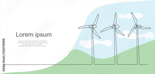 Wind energy in continuous line art drawing style.  Wind turbines producing electricity. Renewable source of power. Black linear design isolated on white background