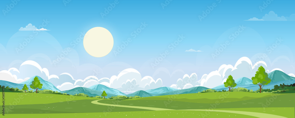 Nature Spring Rural landscape,Green Field with Cloud and Blue Sky,Vector horizon panoramic Natural Countryside with forest tree and Mountains in Sunny day,Cartoon Vector for Spring, Summer banner