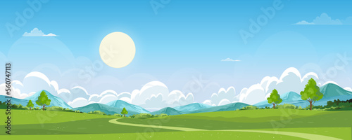 Nature Spring Rural landscape,Green Field with Cloud and Blue Sky,Vector horizon panoramic Natural Countryside with forest tree and Mountains in Sunny day,Cartoon Vector for Spring, Summer banner