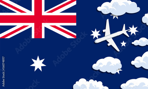 Australia travel concept. Airplane with clouds on the background of the flag of Australia. Vector illustration