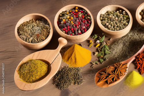Various fragrant spices and herbs. On a wooden background.