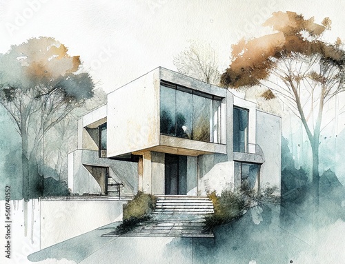 watercolored sketch of a modern minimalist house on watercolor paper photo