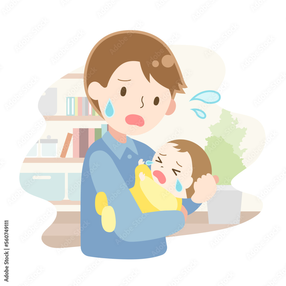 泣いている赤ちゃんを抱っこしている父親のイラスト 泣いている赤ちゃんを抱っこしている父親のイラスト