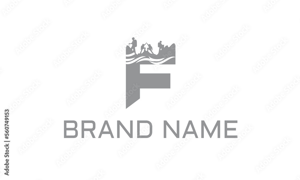 Fototapeta premium f logo, hiker, trekking, vector, adventure, icon, outdoor, man, mountain, travel, silhouette, climber, typography, sport, text, active, graphic, backpack, script, word, black, type, logotype, drawn, p