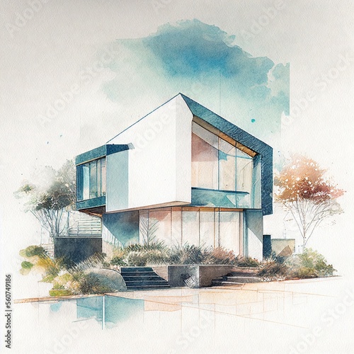 watercolored sketch of a modern minimalist house on watercolor paper photo