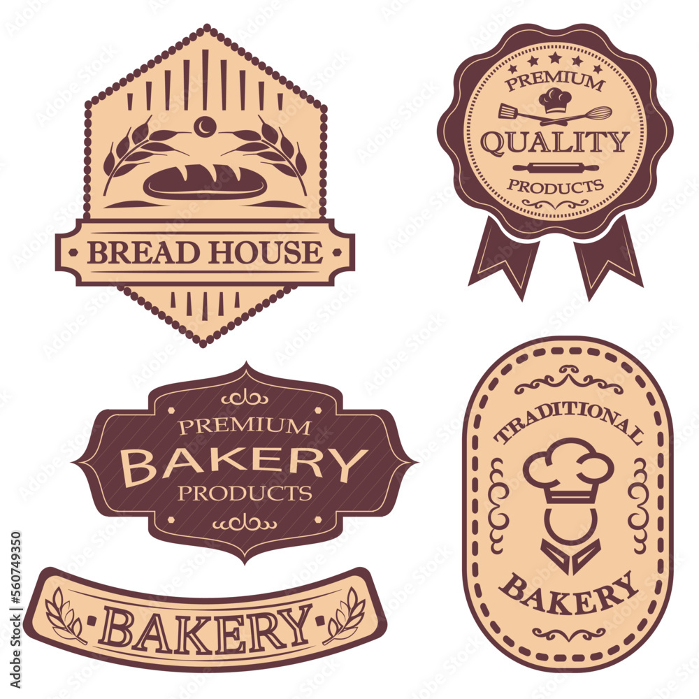 Bakery shop label collection, quality mark, vector emblem design with typography.