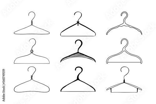 Set of hand drawn various doodle hangers. Sales shopping clipart - hanger for wardrobe, clothes service, dressing room, cloakroom, laundry symbol. Isolated on white background.