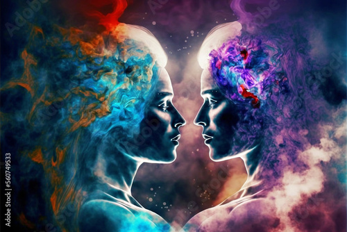 Abstract image of two space universe soulmates connecting to each other, Fictional person, Generative AI 