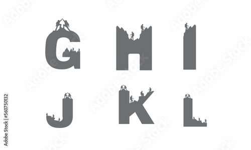a,b,c,d,e,f,g,h,i,j,k,l,m,n,o,p,q,r,s,t,u,v,w,x,y,z, logo, hiker, trekking, vector, adventure, icon, outdoor, man, mountain, travel, silhouette, climber, typography, sport, text, active, graphic, back