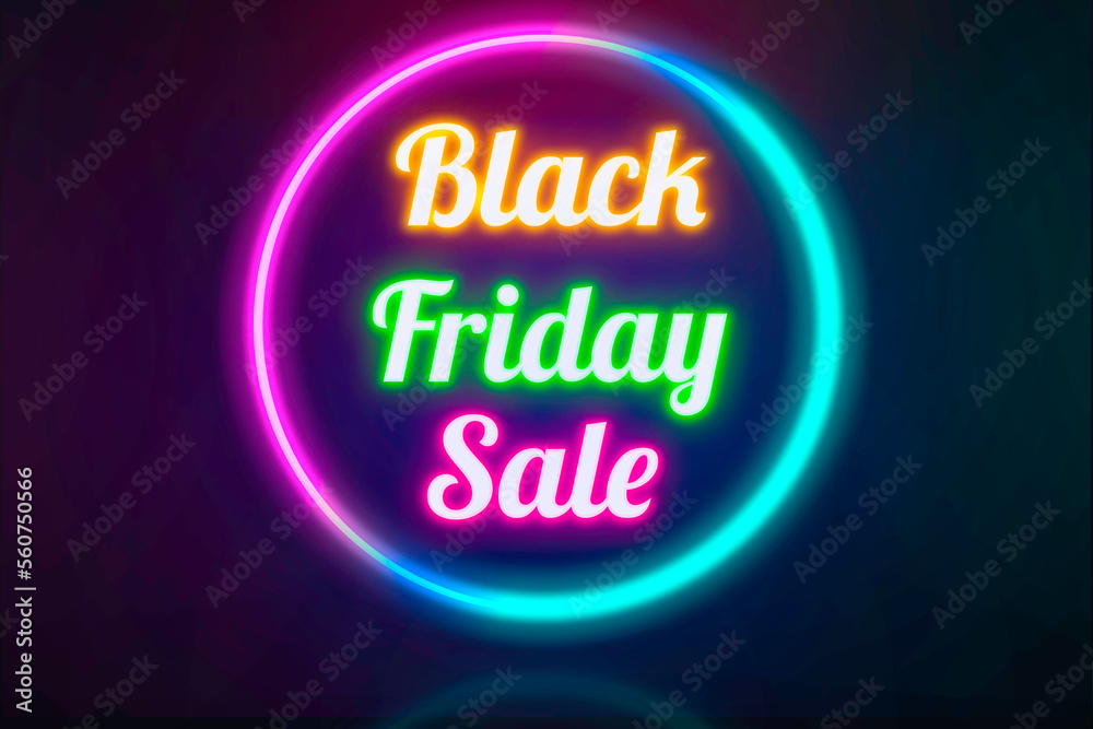 Black Friday Sale text neon banner on brick wall background.