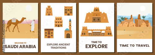 Welcome to Saudi Arabia vector cards set. Authentic traditional architecture, desert landscape, castles and sightseeing.