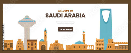 Welcome to Saudi Arabia vector horizontal banner with traditional and modern buildings. photo