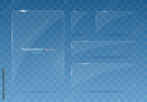 A set of glass banners on a transparent background. Transparent banners with reflections and highlights. Vector illustration.