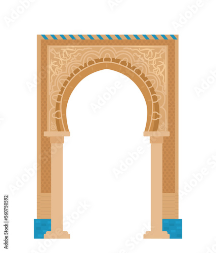 Arabian arch with mosaics. Middle east architecture elements. Ancient gates. Flat vector illustration isolated on white.