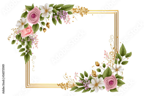 Golden frame with spring flowers isolated on transparent background