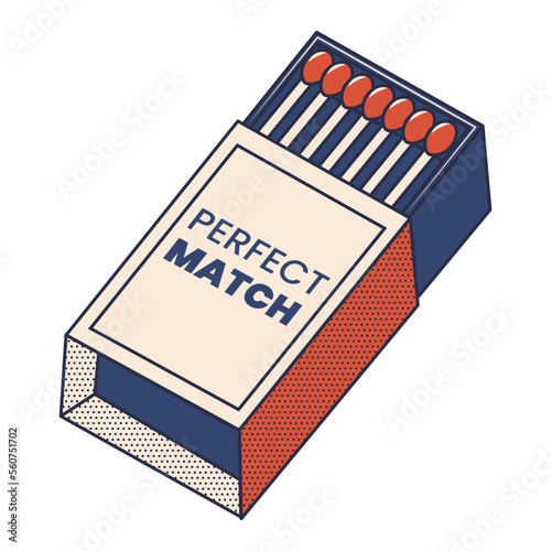 Matchbox in trendy retro style. Dot texture. 70s, 80s, 90s style. Red and blue colors.