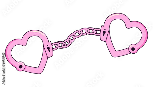 Pink handcuffs in the shape of a heart. Trendy style of the 2000s.