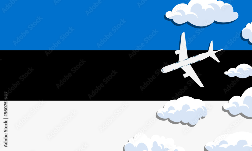Estonia travel concept. Airplane with clouds on the background of the flag of Estonia. Vector illustration