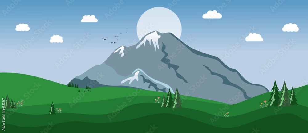Vector flat illustration. Mountain landscape. Summer panorama with beautiful nature, green fir trees, flowers, mountains, birds, clouds and sun. Horizontal panorama.