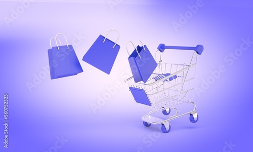 3d illustration of shopping cart with floating bags isolated blue color