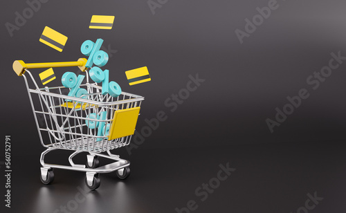 3d illustration of shopping cart with items inside, coins and credit card