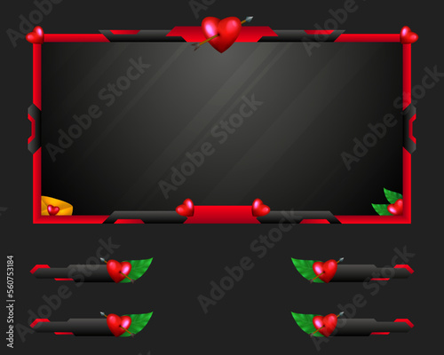 Valentines day live stream overlay gui video screen frame with red hearts