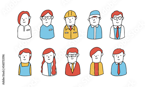 さまざまな職業の人々　手描きのイラストアイコンセット