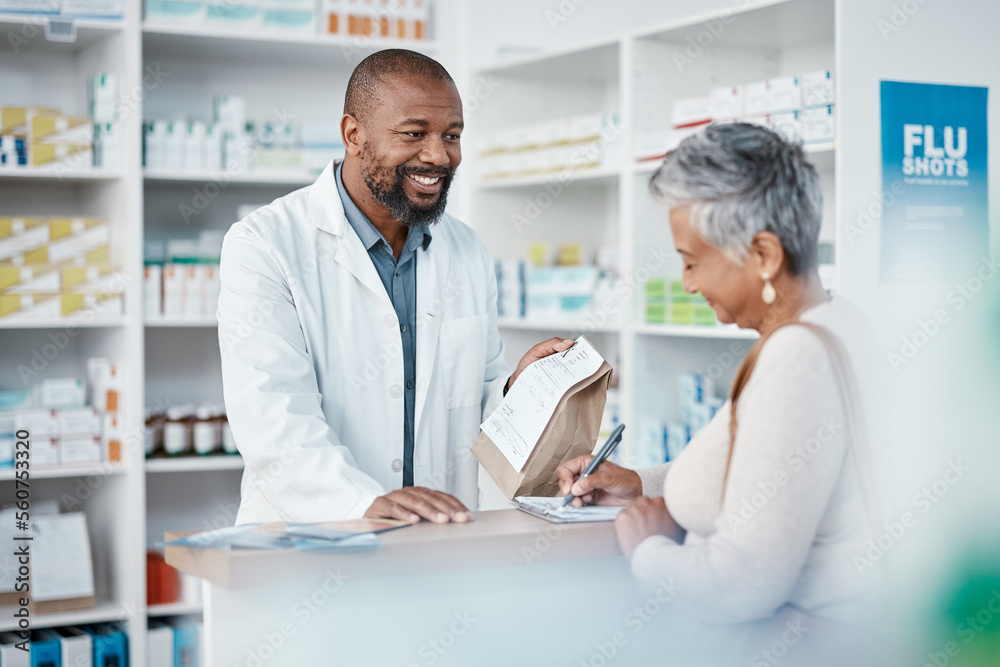 Healthcare, pharmacist and woman at counter with medicine or prescription drugs sales at drug store. Health, wellness and medical insurance, black man and customer at pharmacy for advice and pills. - obrazy, fototapety, plakaty 
