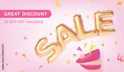 3d Sale Great Discount Ads Banner Concept Poster Card Plasticine Cartoon Style Confetti Elements Flying Around. Vector illustration